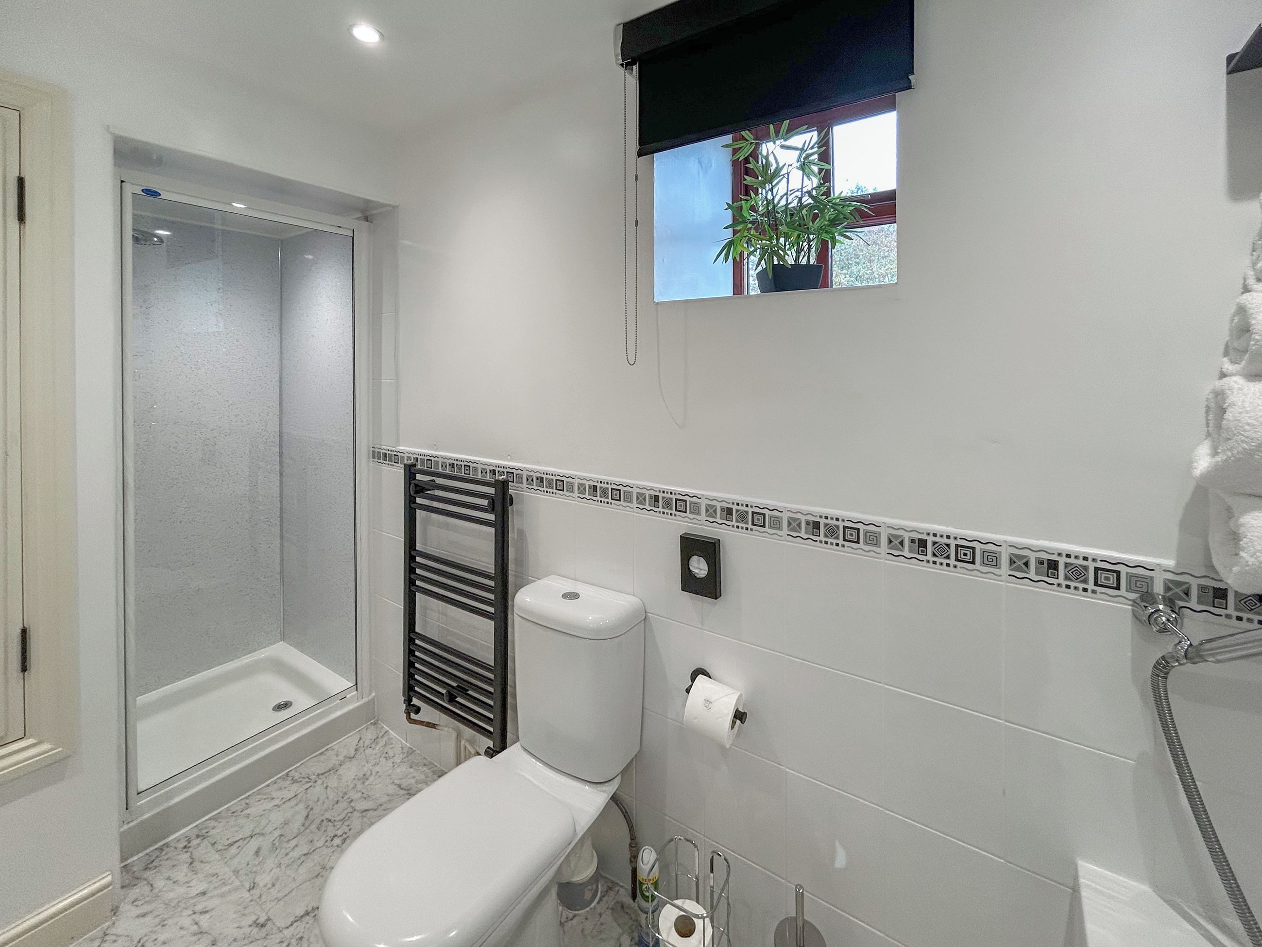 Un baño con ducha, inodoro y una pequeña ventana con una planta.