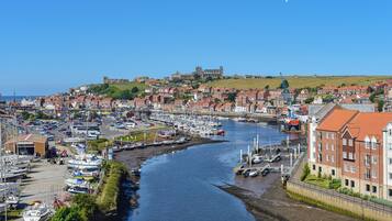 A coastal town with a marina, historic buildings, and a prominent castle on a hill.
