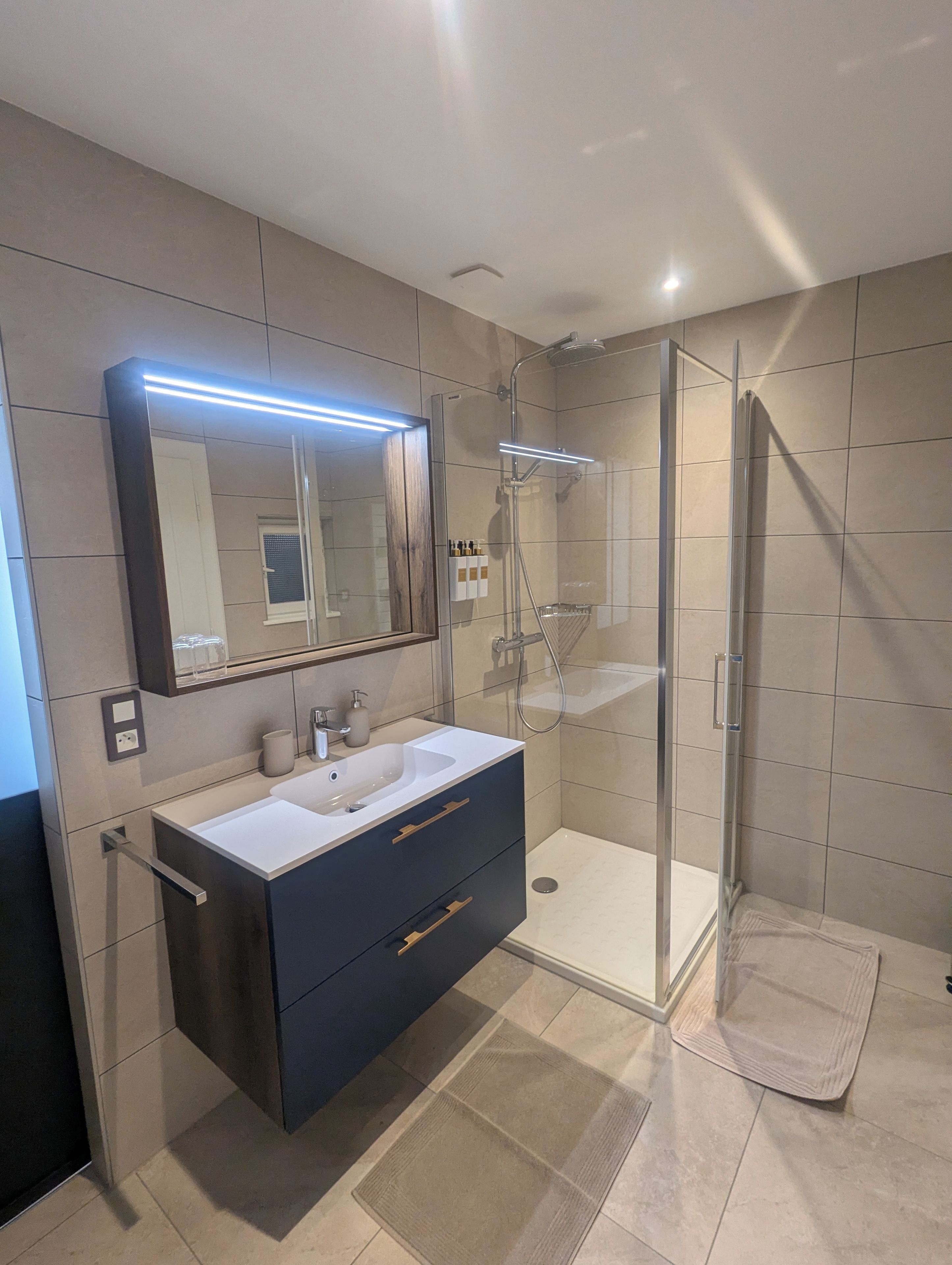 Une salle de bain moderne dotée d’une douche à parois de verre, d’un grand miroir avec un éclairage intégré sous le meuble et d’un meuble-lavabo de couleur foncée.