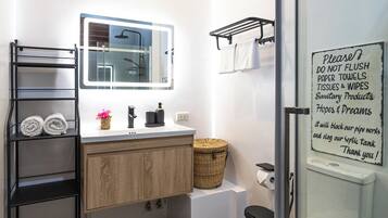 Ein modernes Badezimmer mit einer Duschkabine aus Glas, einem Waschbecken inklusive Spiegel und einer Toilette.