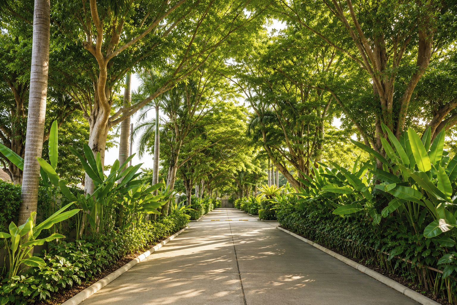 Un sentier bordé de différentes plantes et arbres tropicaux, qui mène vers un point situé au loin.
