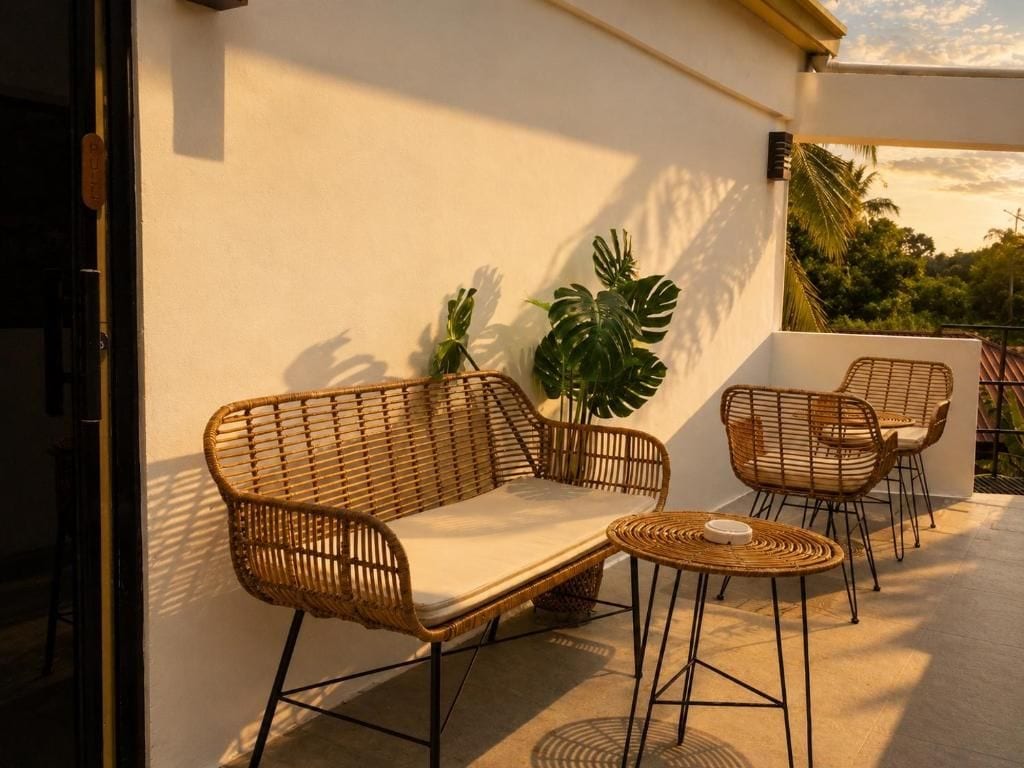 A balcony with wicker furniture, including a sofa and chairs, and a small round table.