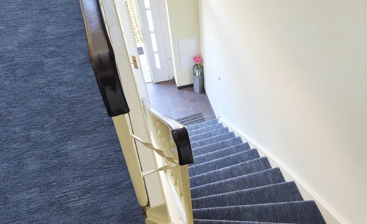 Una escalera alfombrada con barandilla que conduce a una puerta con una pequeña planta en maceta.