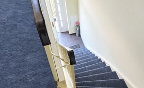 Ein Teppichgesteiger mit Handlauf, der zu einer Tür mit einem kleinen Topfpflanzen führt.