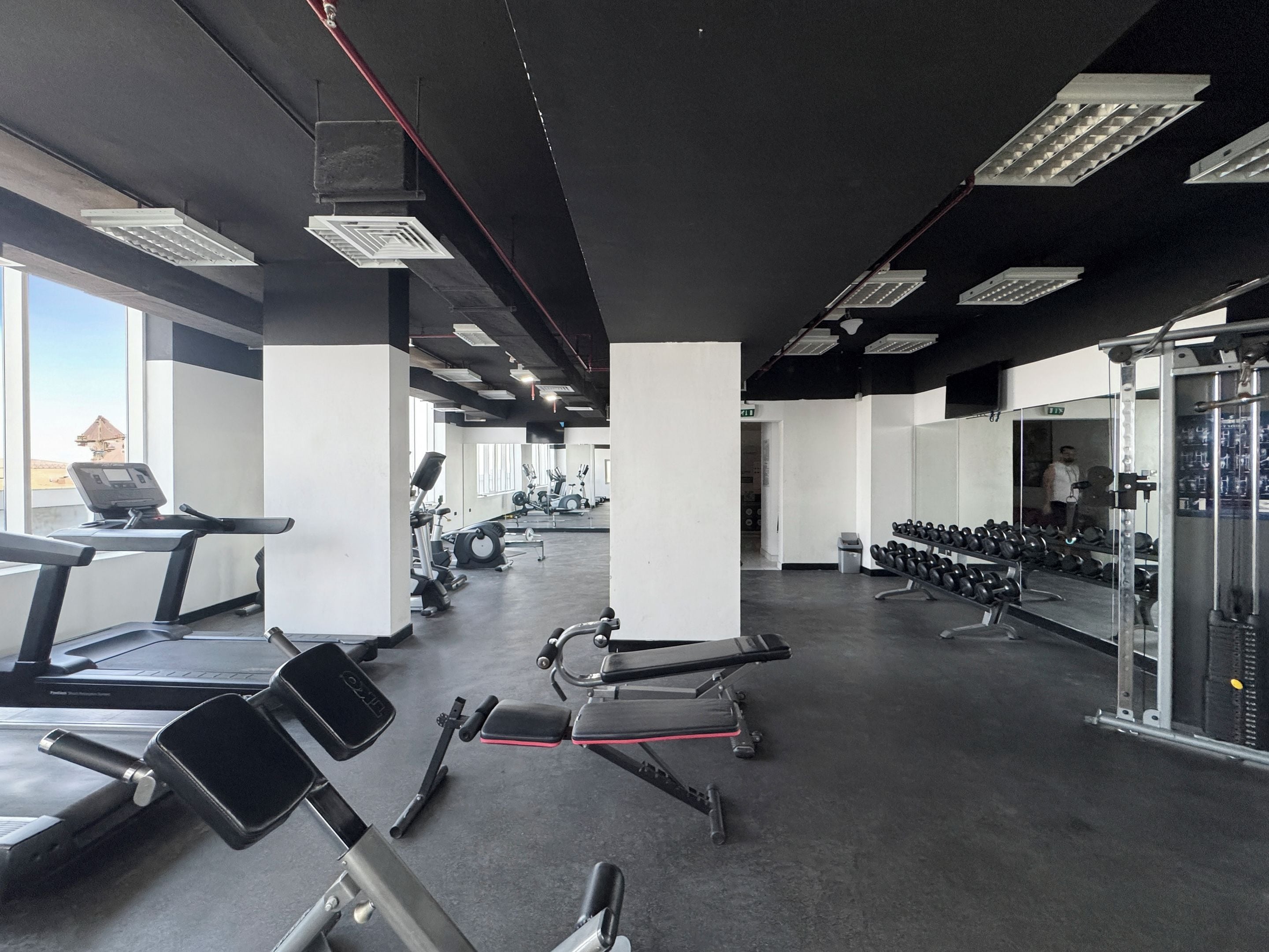 Un gimnasio con cintas de correr, máquinas de pesas y pesas libres.