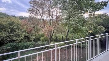 A balcony with a white railing overlooking a garden with various trees and shrubs.