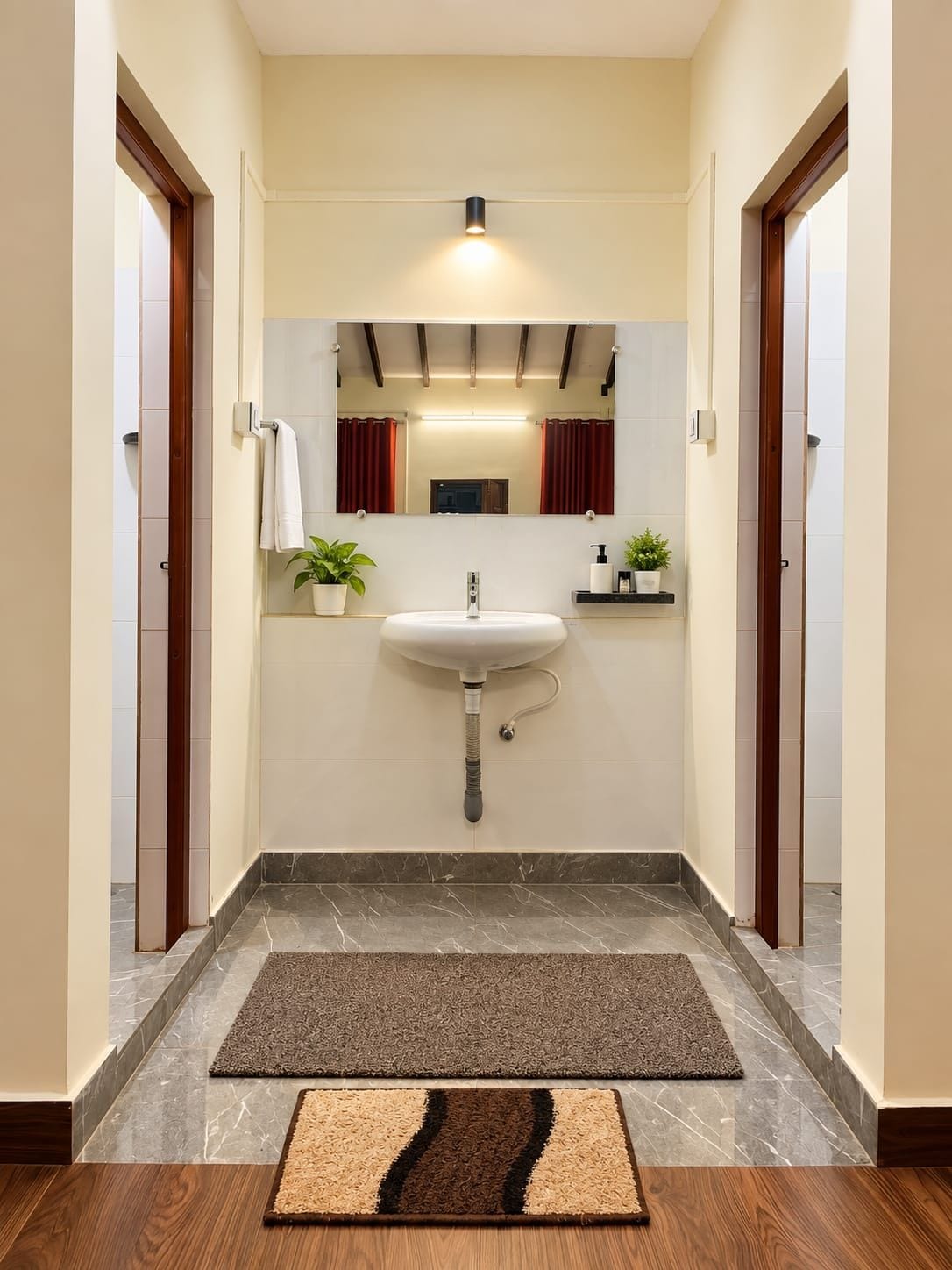 A bathroom with a sink, mirror, towel rack, and a potted plant.