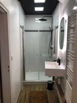 Un baño moderno con ducha envuelta en vidrio, un lavamanos blanco con espejo y suelo de madera.