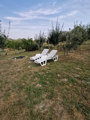 A grassy area with three white lounge chairs. - 1-bedroom Private Cabin on 2,000 m² of Nature near Cluj (Sărădiș)