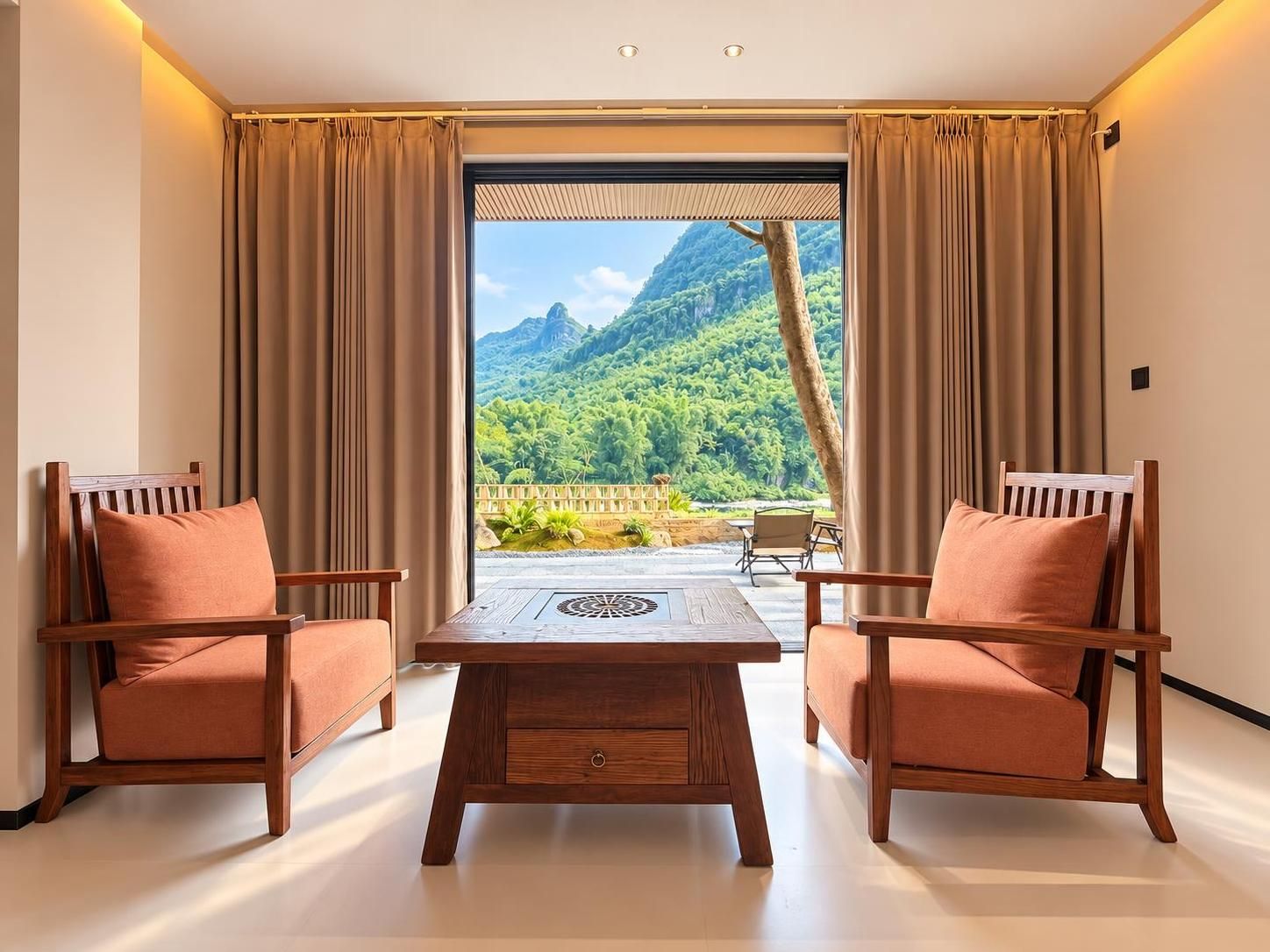 Una habitación con dos sillas de madera, una mesa de madera y vistas a un paisaje montañoso a través de un gran ventanal.