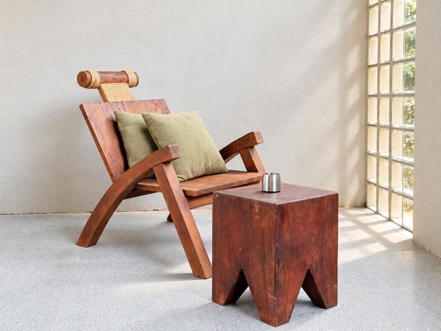 A wooden chair with a cushion and a metal table in a room with a window.