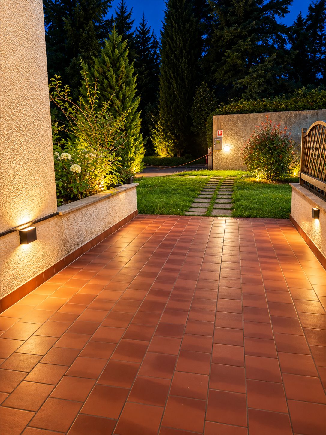 A paved outdoor area with a pathway leading to a gate, surrounded by greenery and illuminated by wall-mounted lights.