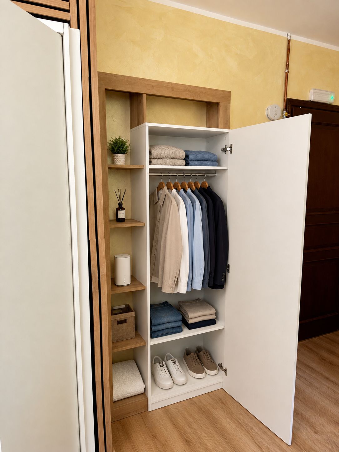 Ein begehbarer Kleiderschrank mit Kleiderstange, gefalteter Kleidung und Schuhen.