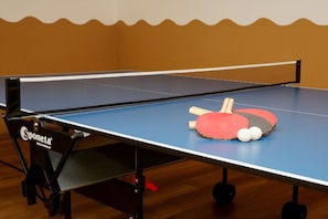 A table tennis table with a paddle and balls, and a brand name 'Sponeta' visible. - Holiday home with 2 bedrooms (Zachenberg)