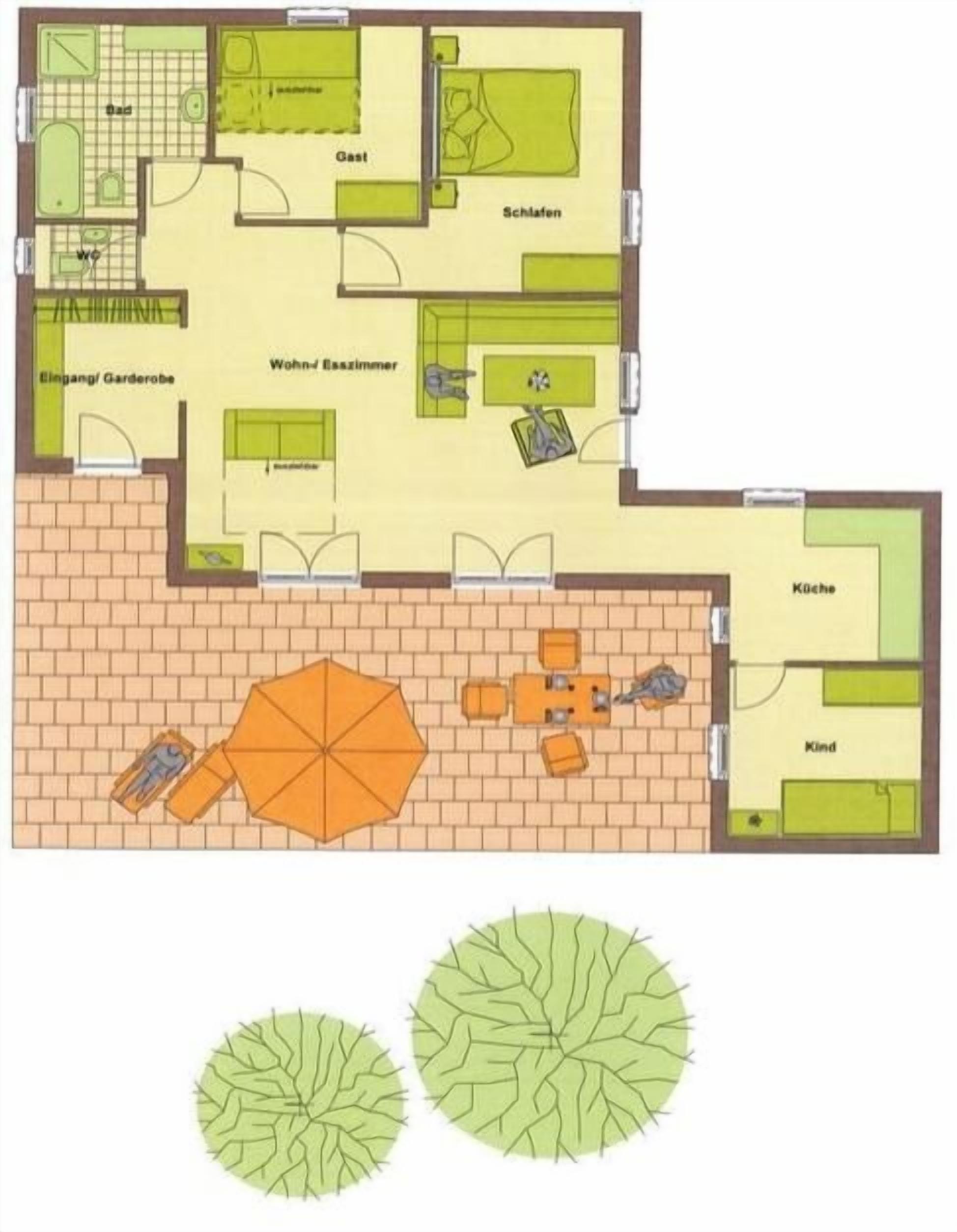 A floor plan with a kitchen, dining area, and a small garden.