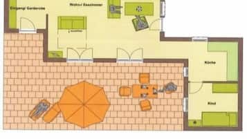 A floor plan with a kitchen, dining area, and a small garden.