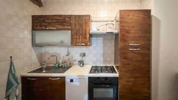 Een kleine keuken met een vaatwasser, fornuis en houten kastjes.