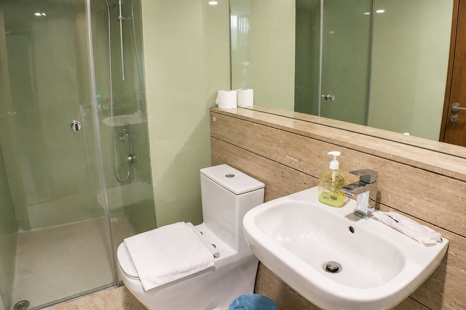 A bathroom with a glass shower enclosure, a toilet, and a sink with a soap dispenser.