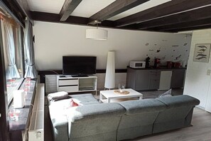 A living area with a sofa, a television, and a kitchenette. - Holiday home with 2 bedrooms (Schneverdingen)