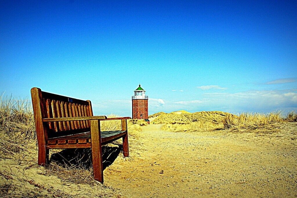 A wooden bench on a sandy path leading to a brick tower with a green roof.