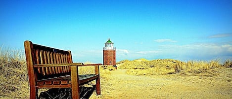 A wooden bench on a sandy path leading to a brick tower with a green roof.