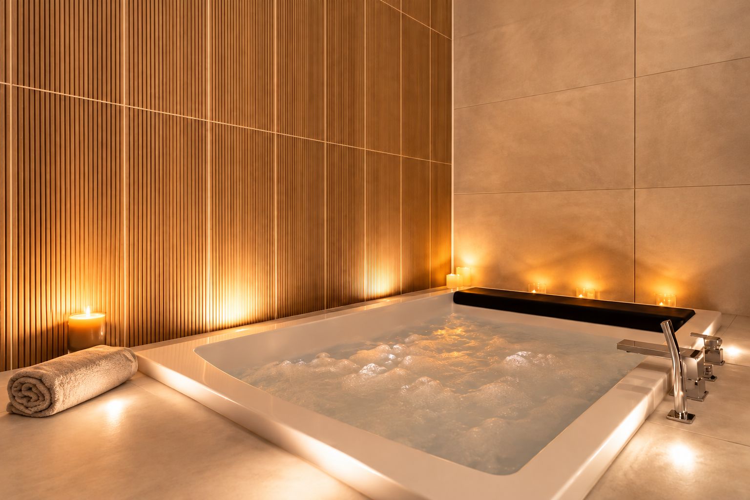 Un baño moderno con una bañera independiente, una toalla e iluminación empotrada.