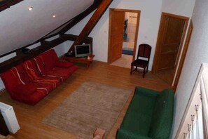 A loft-style room with a red sofa, a green sofa, a wooden floor, and a television on a wooden stand. - Holiday apartment with 2 bedrooms (Andlau)
