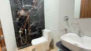 A bathroom with a toilet, a shower, and a sink. - Collection O Vijay Nagar Square Indore (Indore)
