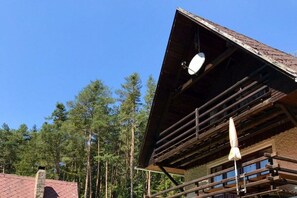 A wooden cabin with a sloped roof and a satellite dish.