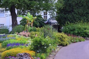 Un jardin avec différentes plantes et fleurs, un sentier et un bâtiment sur lequel on peut lire l’inscription « Baden ».