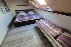 A small, compact room with two beds, a sloped ceiling, and a skylight. - Holiday home with 2 bedrooms (Bruinisse)