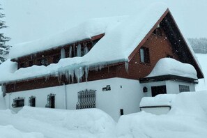 A snow-covered building with a sloped roof, a visible garage door, and a small window. - Country House Jäger Holiday Apartment No. 8 (Todtnauberg)