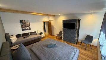 A modern bedroom with a bed, a sofa, a TV, and a chair.