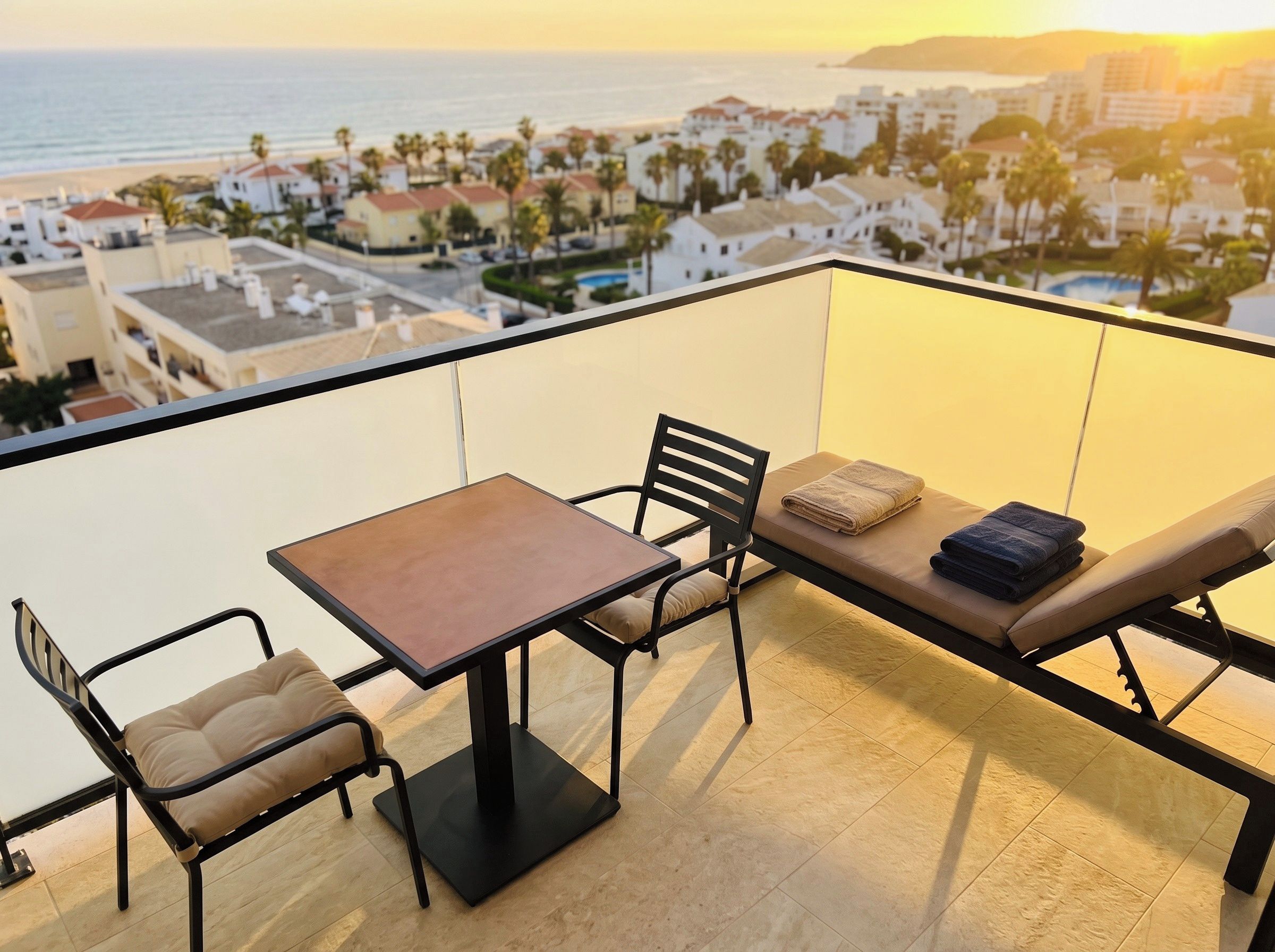 A balcony with a table and chairs, a cushioned bench, and a view of a coastal town.