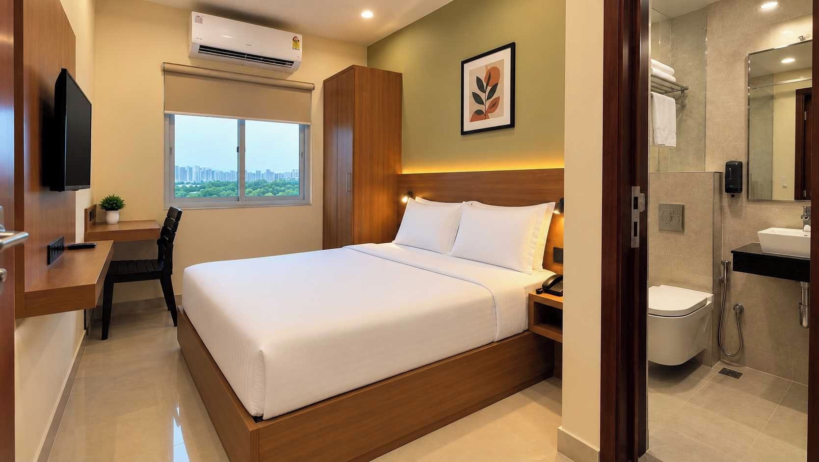 A hotel room with a bed, desk, chair, and a view of the city.