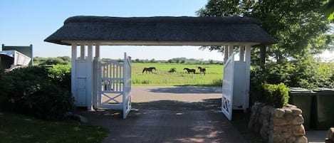 A gated entrance with a thatched roof structure, a paved pathway, and horses in the background.