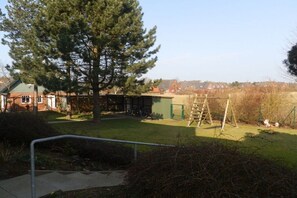 Ein Garten mit einem großen Baum, einer Schaukel und einem grünen Gartenhaus.