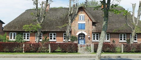 A traditional brick house with a thatched roof, a central chimney, and a blue door.