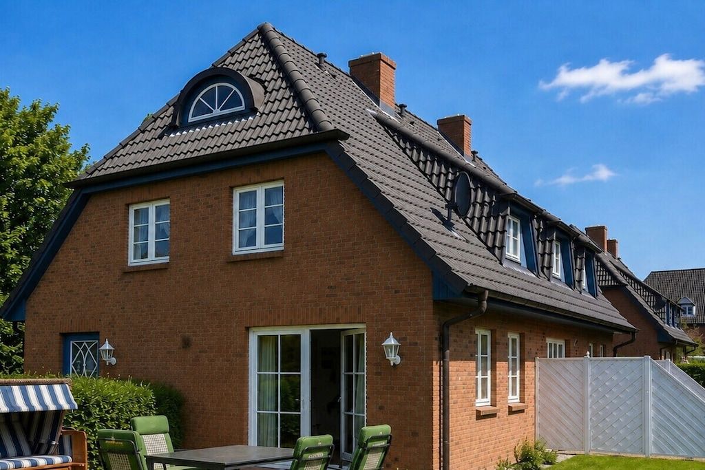Una casa de ladrillo de dos pisos con techo a dos aguas, una puerta principal y un patio con mobiliario exterior.