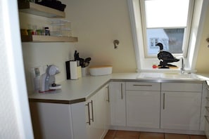 A kitchen with white cabinets, a window with a black bird decoration, and a countertop with various items. - 28 in the Deichhof house (Dunsum)