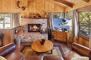 Un intérieur de chalet chaleureux avec une cheminée, des meubles en cuir et un téléviseur.