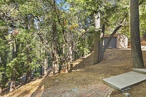 A wooded area with a paved path, a wooden deck, and a shed. - PET FRIENDLY! Fenced Yard! Game Room! Flat Driveway! (Big Bear Lake)