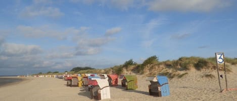 Una playa con hileras de cabañas de playa coloridas y un cartel que indica el número de la playa.