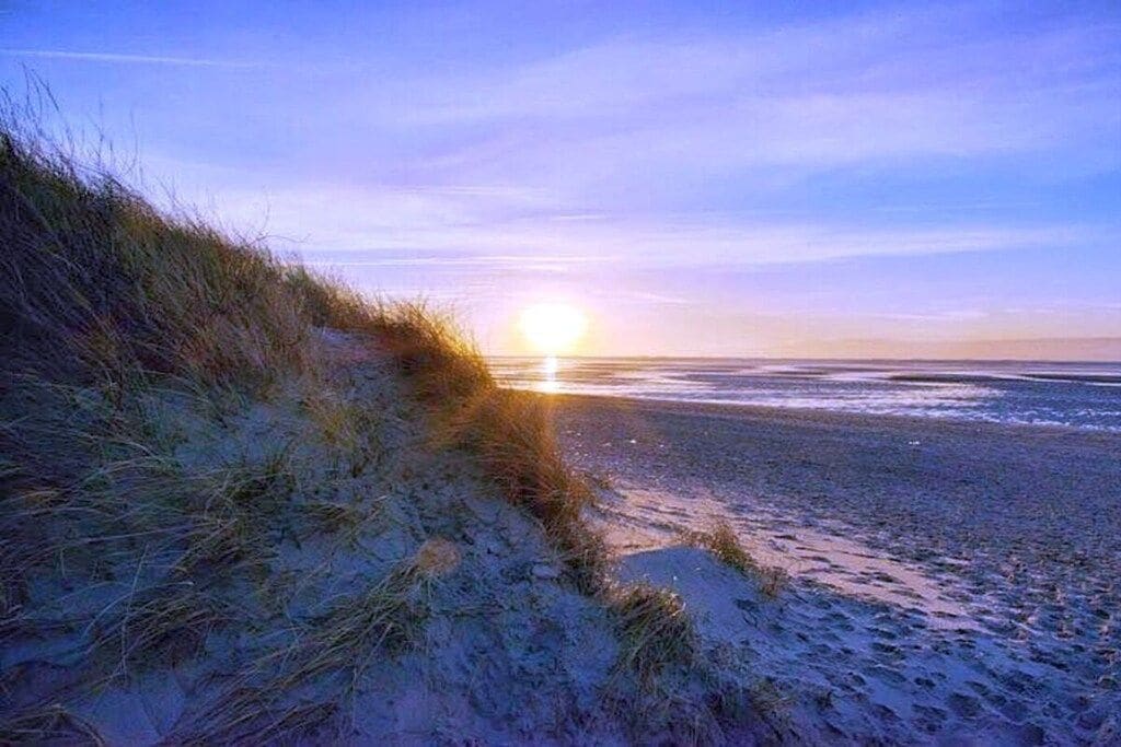 En strand med sand och gräs, en solnedgång i bakgrunden och en klar himmel.