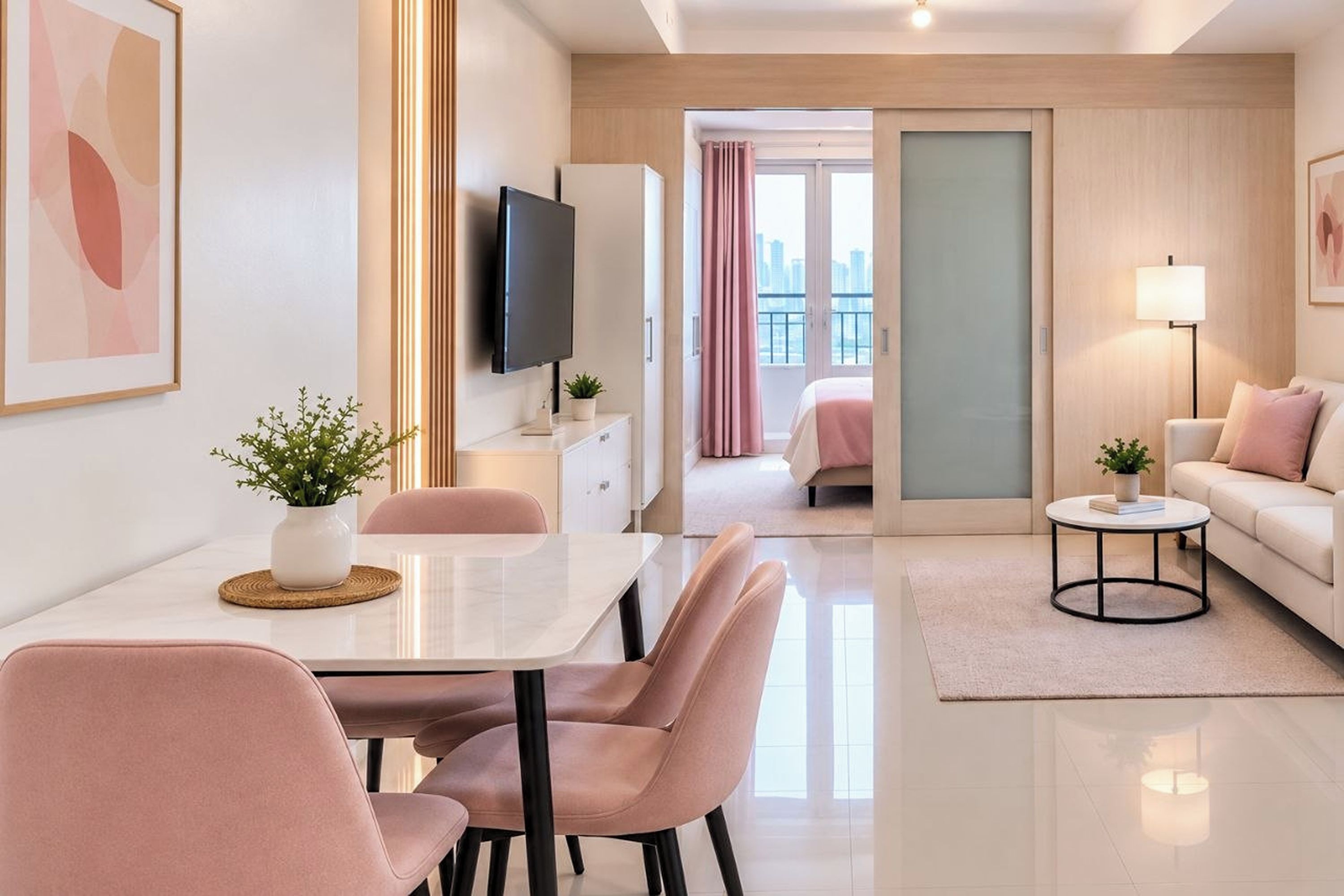 Habitación de hotel moderna con zona de comedor, sofá, televisión y balcón con cortinas.