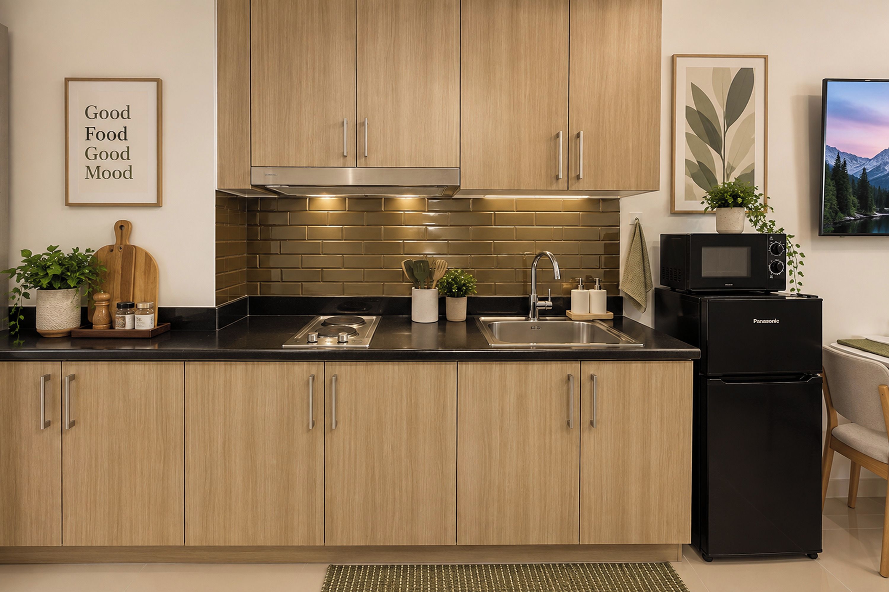Een moderne keuken met houten kastjes, een roestvrijstalen spoelbak en een zwarte koelkast.
