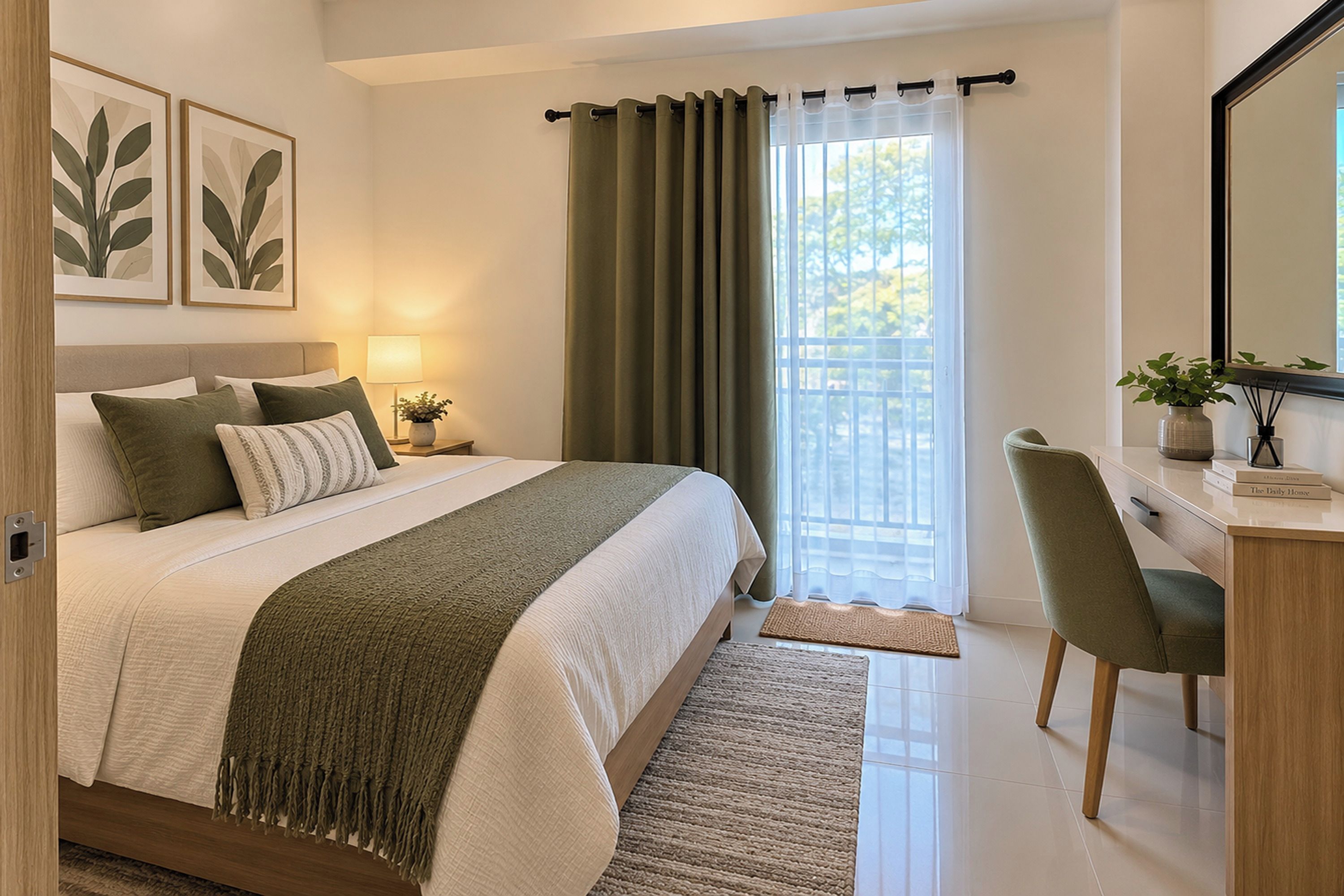 Une chambre à coucher avec un lit, un bureau, une chaise, une fenêtre avec des rideaux et un miroir.