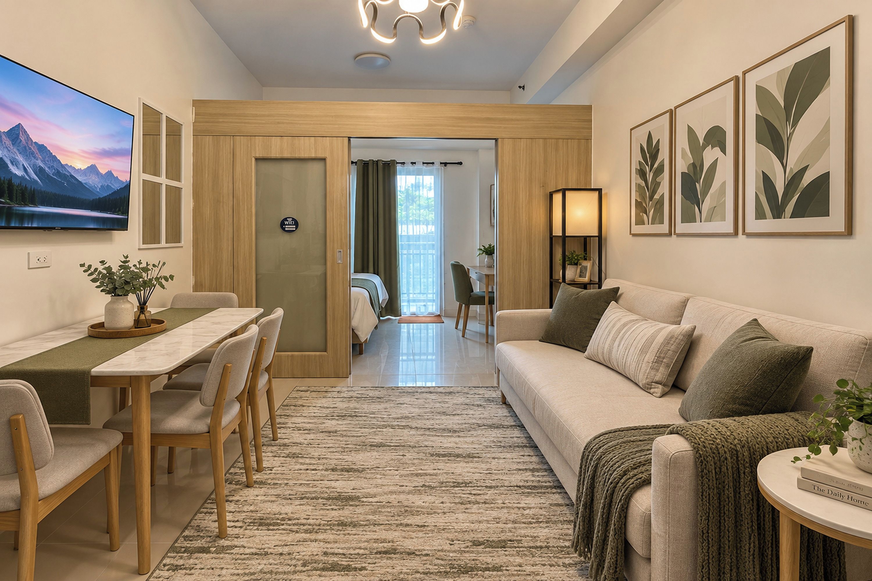 Un salon moderne comprenant un canapé, une table à manger avec des chaises, un téléviseur fixé au mur et une vue sur la chambre adjacente.