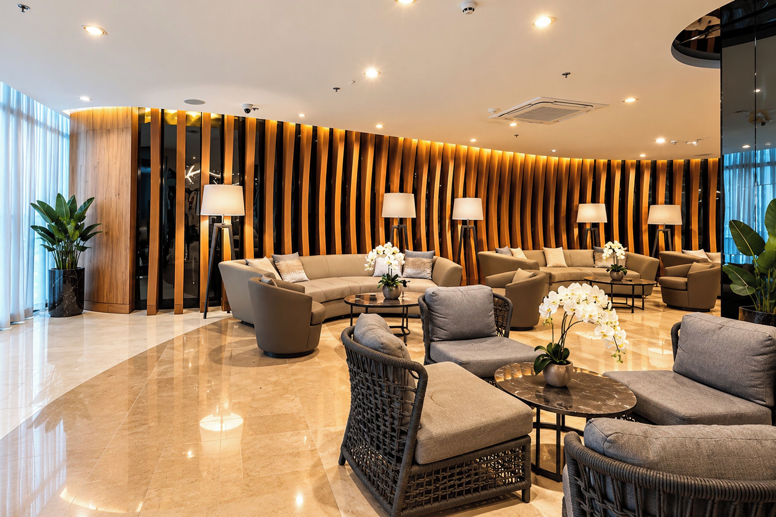 Un hall d’hôtel moderne avec un espace salon aux lignes courbes, de nombreuses lampes et un mur décoratif.
