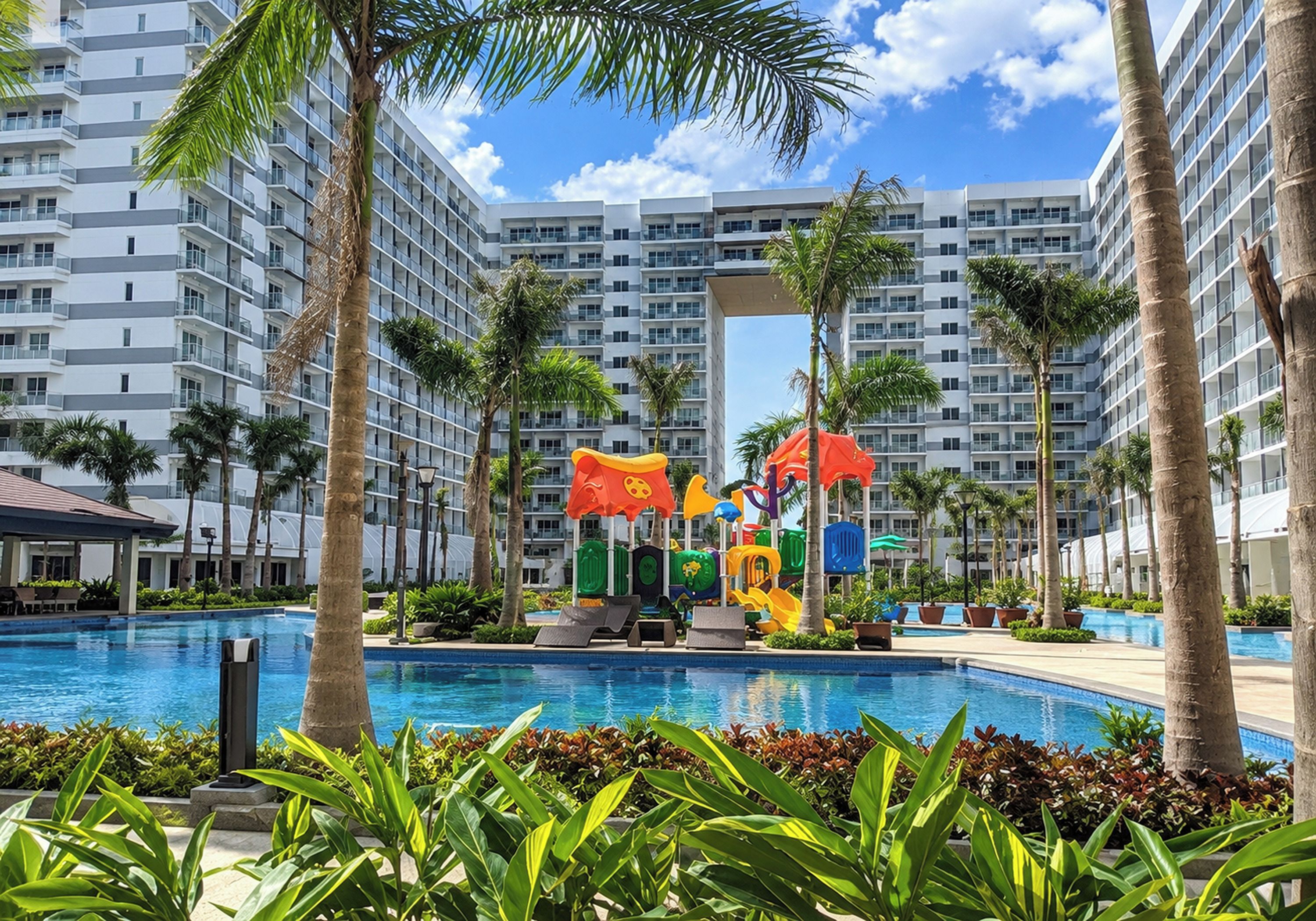 Une piscine entourée de palmiers et un immeuble à plusieurs étages doté de balcons.